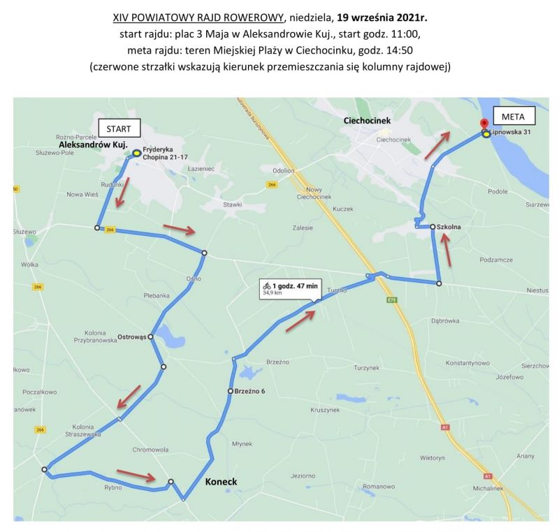 Mapa przejazdu XIV Powiatowego Rajdu Rowerowego