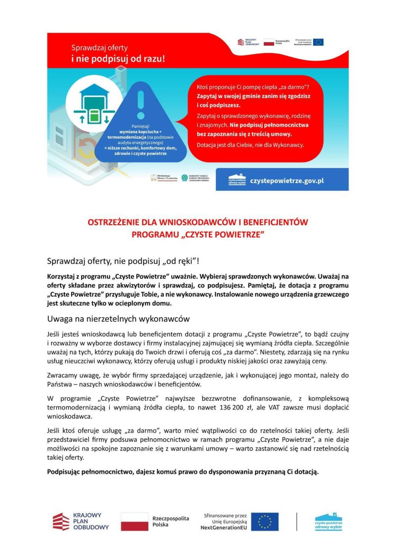 Ostrzeżenie dla wnioskodawców i beneficjentów programu Czyste Powietrze - do druku-1